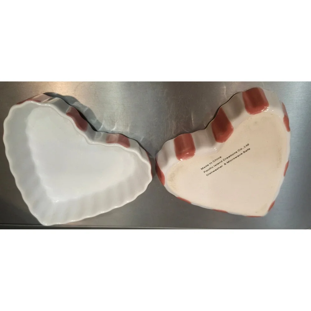 Pacific Island Creations Co Heart Ceramic Ramekin Set White Pink Striped Set/2 - Picture 7 of 9